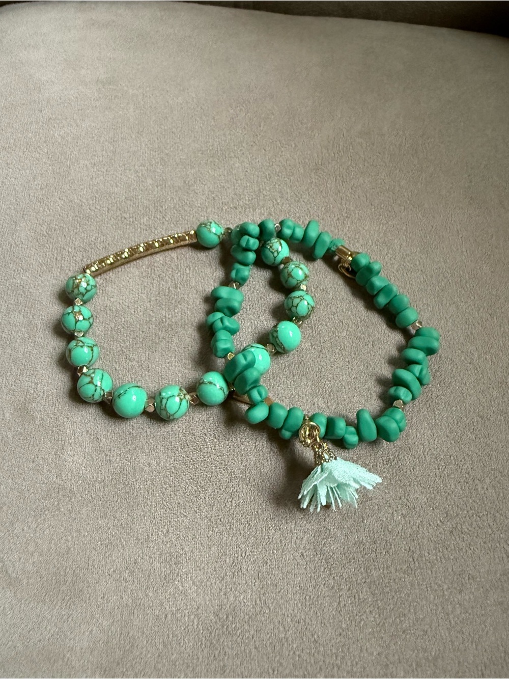 Turquoise Beaded Stretch Bracelets with Flower Tassel